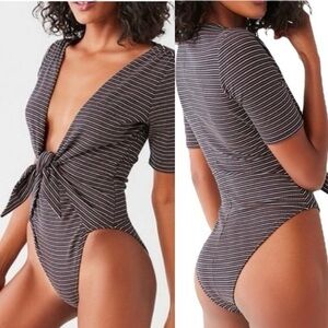 Urban Outfitters Out From Under Lulu Plunging Stripe Tie Front Bodysuit